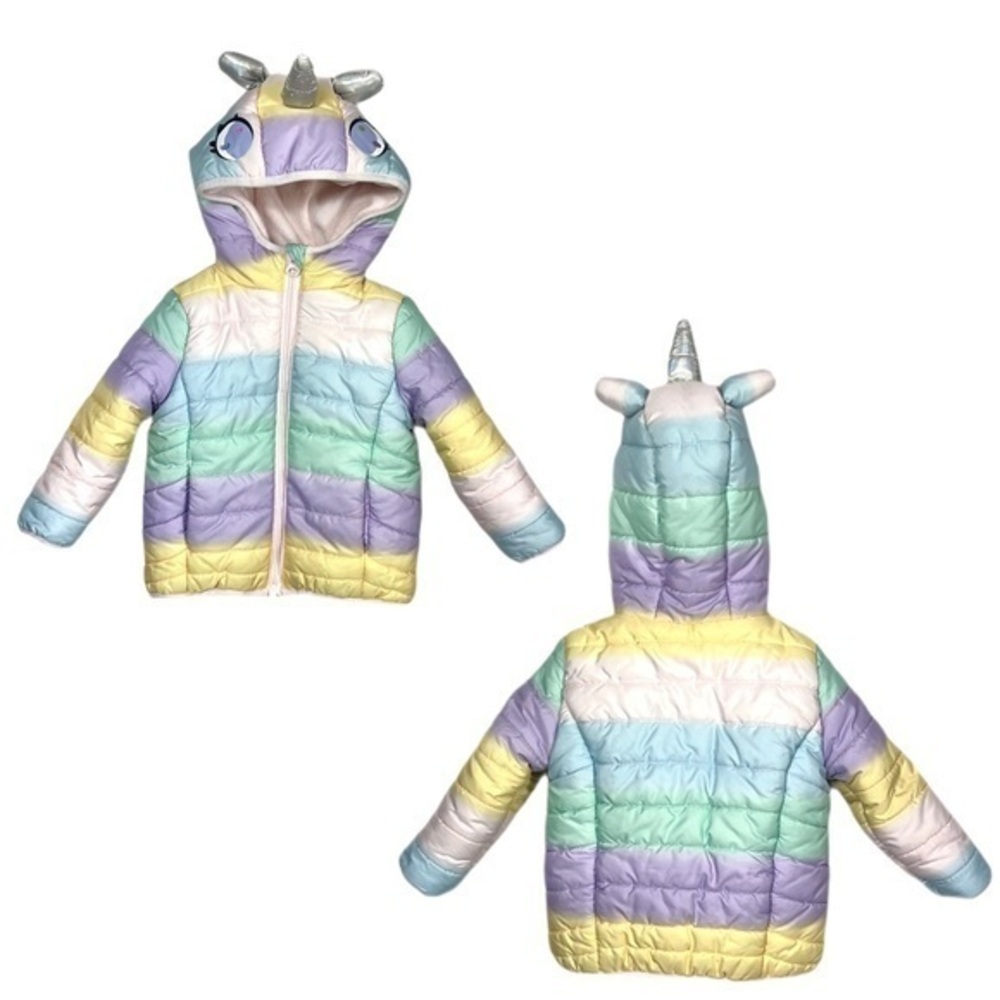 Unicorn Rainbow Puffer Zip 12M Infant Toddler Baby Iridescent Ears Hooded Jacket